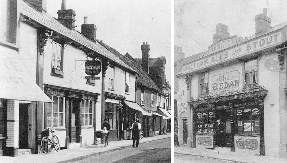 pub in terrace of shops